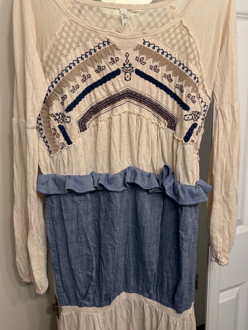 Free People Cream Dress with Blue and Navy Embroidery